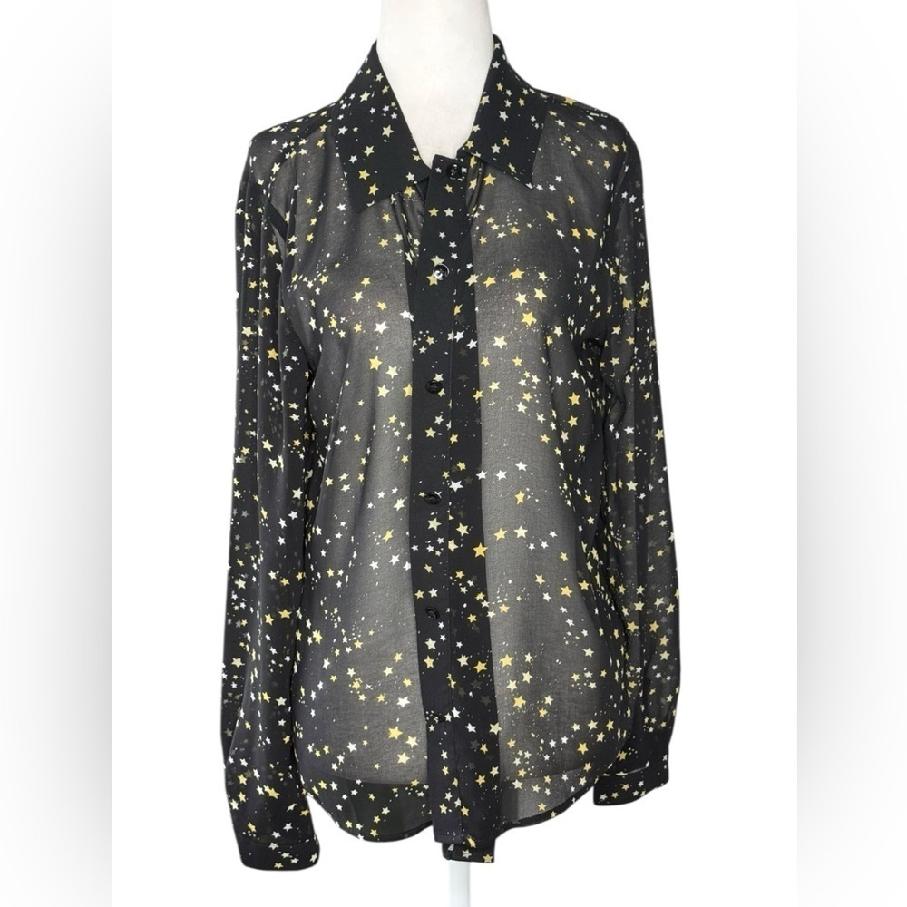 CAbi Sheer Black and Gold Blouse with Notched Collar Small